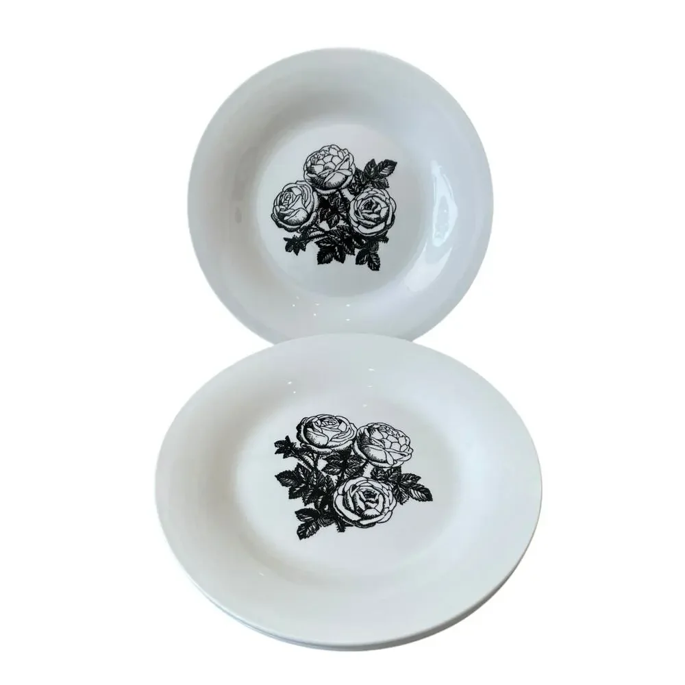 Godinger Floral Salad Plates 7.5in Porcelain Black & White Roses Set of 2 NEW